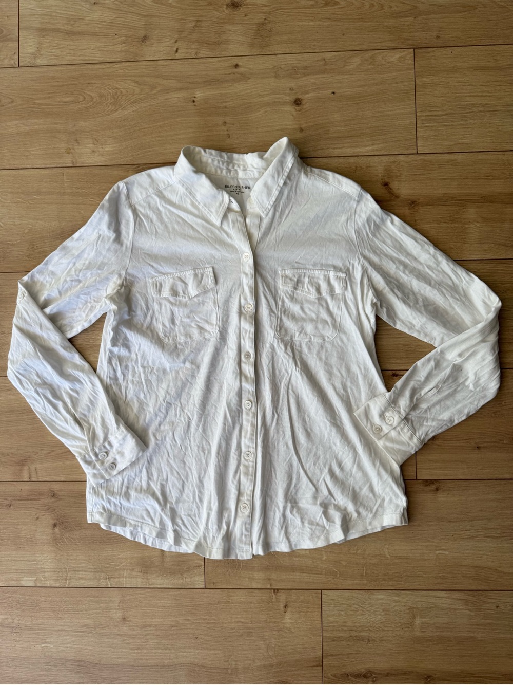 Eileen Fisher Petite White Organic Cotton Roll Tab Button Up Shirt PM Minimalist
